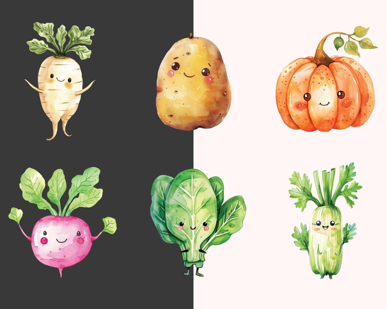 Puede incluir: Ilustraci&oacute;n de acuarela de seis verduras diferentes con caras de dibujos animados. Las verduras son un nabo blanco, una patata amarilla, una calabaza naranja, un r&aacute;bano rosado, espinacas verdes y apio verde.