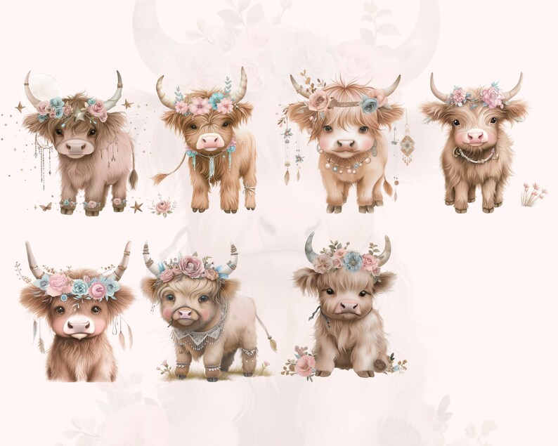 Boho Highland Cow Clipart | Floral PNG Images (digital Download) - Etsy