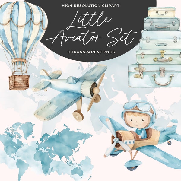 Aeroplane Clipart | Hot Air Balloon | Baby Shower Clipart | First Birthday Clipart | Nursery Art | Junk Journal | Paper Craft