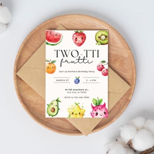 May include: A colorful invitation for a birthday party with a fruit theme. The invitation features a watercolor illustration of various fruits with faces, including a watermelon, strawberry, kiwi, orange, blueberry, and avocado. The text on the invitation reads "TWO-TTI frutti" and includes details about the party, such as the date, time, and location.