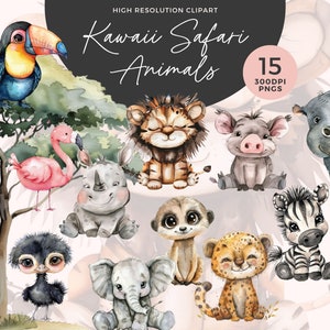 Clipart animal de safari kawaii | Clipart PNG | Clipart animaux de la jungle | Safari animaux de la jungle des cliparts | Décoration murale pour chambre d'enfant