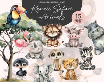 Kawaii Safari Animals Clipart | Nursery Decor PNG (Digital Download)