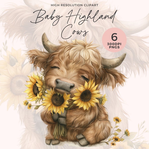 Baby Highland Cow Clipart | Highland Cow Png | Watercolor Sunflower Highland Cows | Cute Highland Cow Png | Commercial Use | Junk Journal