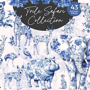 Safari toilettas babyshower clipart | Chinoiserie Jungledieren | Safaritaferelen | Toile de Jouy-clipart | Franse vintage bloemenelementen
