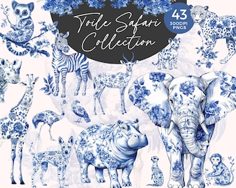 Safari Toile Baby Shower Clipart | Chinoiserie Jungle Animals | Safari Scenes | Toile De Jouy Clipart | French Vintage Floral Elements