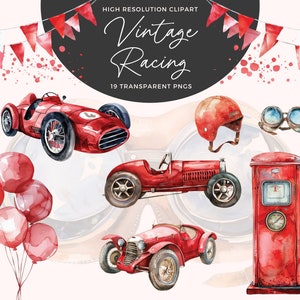 Acuarela Vintage Race Car Nursery Clipart Set / Race Car Clipart / Acuarela Coches Rojo / Decoración de guardería / Baby Shower / Arte imprimible
