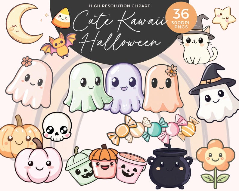 May include: A set of 36 cute kawaii Halloween clip art images. The images include ghosts, pumpkins, candy, a cauldron, a flower, a cat, a bat, a crescent moon, and a star. The images are in a cartoon style and are perfect for use in digital projects.