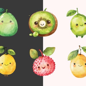 May include: Six cartoon fruits with smiling faces. A green lime, a kiwi, a green lime, a yellow lemon, a red lychee, and a yellow lemon.