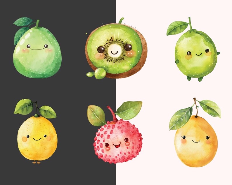 May include: Six cartoon fruits with smiling faces. A green lime, a kiwi, a green lime, a yellow lemon, a red lychee, and a yellow lemon.