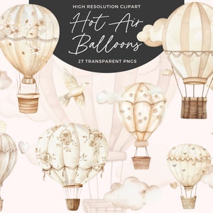 Aquarell Neutral Heißluftballon Clipart | Neutrale Heißluftballons Png | Heißluftballon Grafiken | Babyparty Clipart | Kinderzimmer Dekor