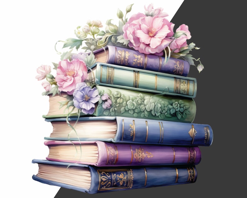 Op de afbeelding: Een stapel vintage boeken met bloemversieringen. De boeken zijn gebonden in tinten blauw, groen en paars met gouden accenten. Fijne roze en paarse bloemen sieren de bovenkant van de stapel.
