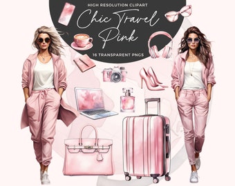 Pink Travel Clipart | Travel Girl Clipart | Travel World Clipart | Planner Clipart | Vacation Clipart | Junk Journals | Digital Paper Craft