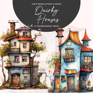 Quirky House Clipart / Casas caprichosas / Casas de acuarela / Casas Png / Uso comercial / Diarios basura / Artesanía de papel digital