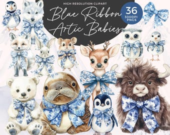 May include: A digital illustration of 36 adorable baby animals wearing blue ribbon bows. The animals include a penguin, wolf, fox, rabbit, mouse, deer, owl, seal, polar bear, and a yak. The illustration is perfect for a nursery or children's room.