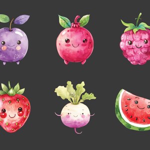 May include: A set of six watercolor illustrations of fruits and vegetables with cute cartoon faces. The illustrations include a purple plum, a red pomegranate, a pink raspberry, a red strawberry, a white turnip, and a red watermelon slice.