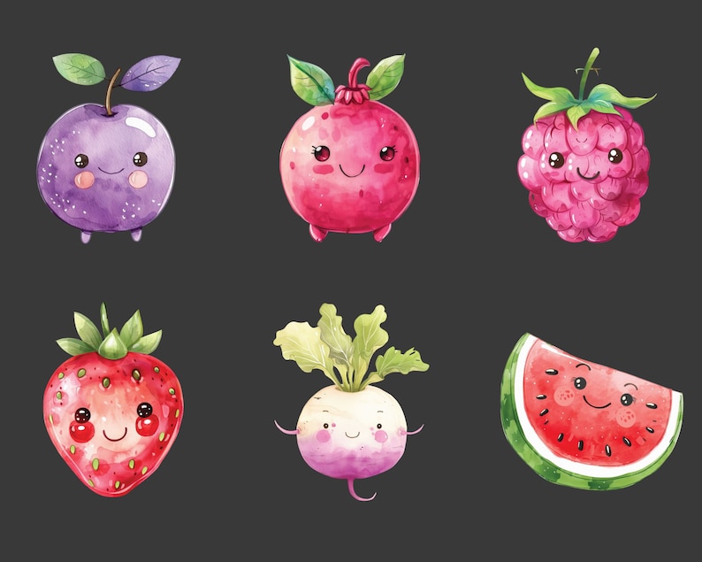 May include: A set of six watercolor illustrations of fruits and vegetables with cute cartoon faces. The illustrations include a purple plum, a red pomegranate, a pink raspberry, a red strawberry, a white turnip, and a red watermelon slice.