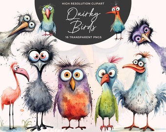 Funny Bird Clipart | Quirky Birds Clipart | Cartoon Bird | Cute Birds Printable | Commercial Use | Junk Journals | Digital Paper Craft