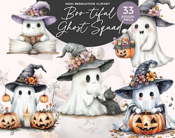 Può includere: Set di clipart ad acquerello con adorabili personaggi fantasma con cappelli da strega, che tengono zucche e un gatto nero. Il testo recita "Boo-tiful Ghost Squad" e "33 PNG". Perfetto per creazioni e design a tema Halloween.