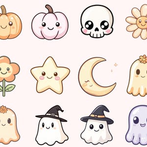 May include: A set of 12 cute cartoon illustrations featuring a variety of Halloween and autumn themes. The illustrations include a pumpkin, a ghost, a flower, a star, a crescent moon, a skull, and a daisy.