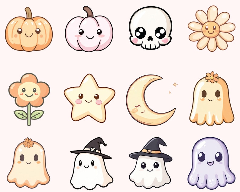 May include: A set of 12 cute cartoon illustrations featuring a variety of Halloween and autumn themes. The illustrations include a pumpkin, a ghost, a flower, a star, a crescent moon, a skull, and a daisy.