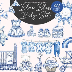 Toile De Jouy Clipart | Elementos florais vintage franceses para berçário | Chá de bebê azul Chinoiserie | Clipart de bebê menino | Toile azul Clipart
