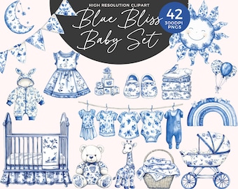 Clipart de Toile De Jouy / Elementos florales vintage franceses para guardería / Baby Shower chinoiserie azul / Clipart de bebé niño / Clipart de Toile azul