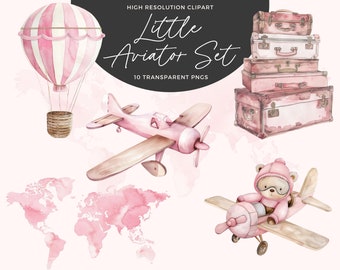Aeroplane Clipart | Hot Air Balloon | Baby Shower Clipart | First Birthday Clipart | Nursery Art | Pink Aviation Clipart | Paper Craft