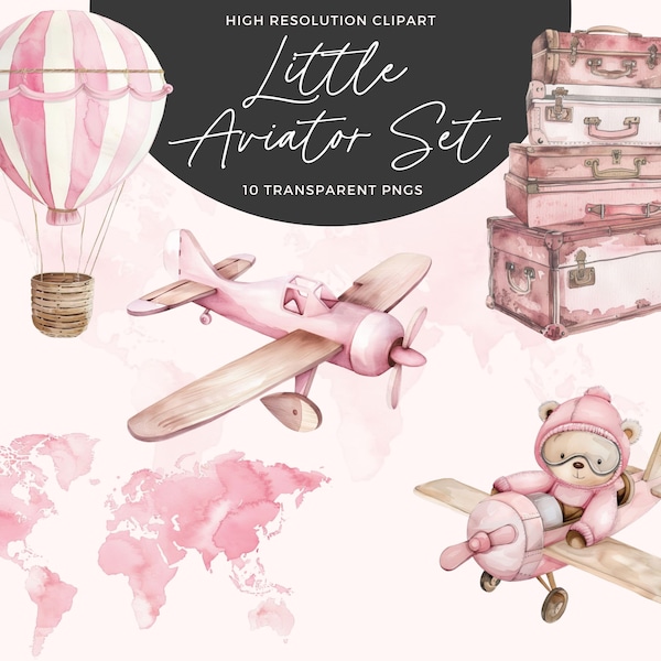 Aeroplane Clipart | Hot Air Balloon | Baby Shower Clipart | First Birthday Clipart | Nursery Art | Pink Aviation Clipart | Paper Craft