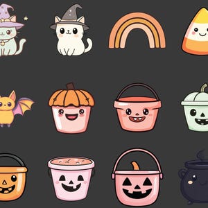 May include: A set of 10 Halloween-themed cartoon illustrations featuring a witch cat, a rainbow, a candy corn, a bat, a pumpkin bucket, a cauldron, and various buckets with Halloween-themed faces.