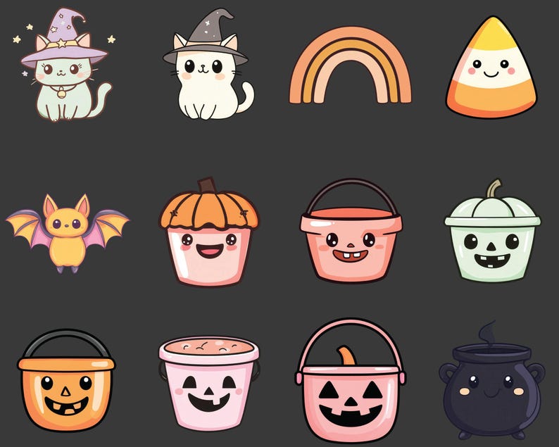 May include: A set of 10 Halloween-themed cartoon illustrations featuring a witch cat, a rainbow, a candy corn, a bat, a pumpkin bucket, a cauldron, and various buckets with Halloween-themed faces.
