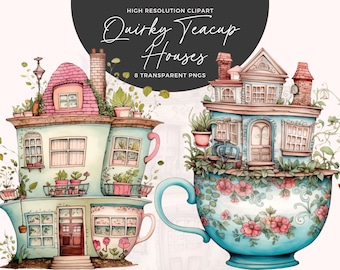 Watercolor Teacup Houses Clipart | Whimsical PNG Graphics (Digital Download)