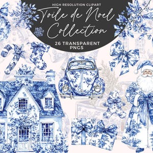 Toile de Natal Clipart | Toile De Jouy Clipart | Elementos de Natal Vintage Francês | Natal Chinoiserie Azul | Toile Azul Clipart