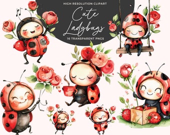 Watercolor Ladybug Clipart PNG | Kawaii Nursery Sublimation (16 Images) | Digital Download