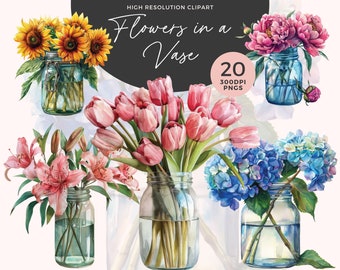 Puede incluir: Un conjunto de 20 ilustraciones digitales de flores en tarros de cristal. Las flores incluyen girasoles, tulipanes, peonías, hortensias y lirios. Los tarros son de vidrio transparente con un tinte azul o verde. Las ilustraciones están en un estilo de acuarela y son perfectas para proyectos de manualidades, scrapbooking o diseño digital.