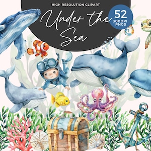 52 Aquarell Wal Clipart | Meerestier | Blauwal | Wal Illustration | Meer Baby Clipart | Kinderzimmer Dekor | Delfin Clipart | Wal PNG
