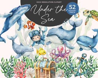 52 Imágenes prediseñadas de ballena acuarela / Animal marino / Ballena azul / Ilustración de ballenas / Imágenes prediseñadas de bebé marino / Decoración de vivero / Imágenes prediseñadas de delfines / Ballena PNG