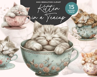 Watercolor Kitten in Teacup Clipart Bundle | 300DPI PNGs (15 Images) | Digital Download