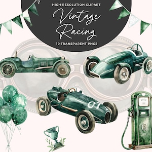 Aquarel vintage raceauto kinderkamer clipartset | Raceauto-clipart | Aquarel auto's groen | Kinderkamerdecoratie | Babyshower | Afdrukbare kunst