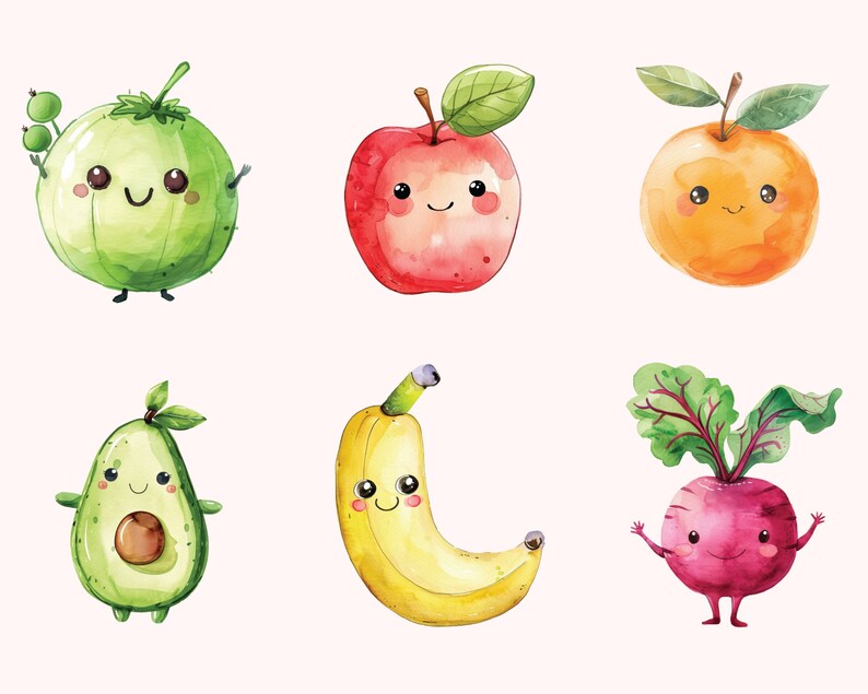 May include: A set of six watercolor illustrations of fruits and vegetables with cute cartoon faces. The illustrations include a green tomato, a red apple, an orange, an avocado, a yellow banana, and a pink beet.
