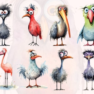 May include: A digital illustration of eight cartoon birds with exaggerated features. The birds are drawn in a watercolor style with a variety of colors, including red, blue, green, and purple. The birds have large eyes, long beaks, and fluffy feathers.