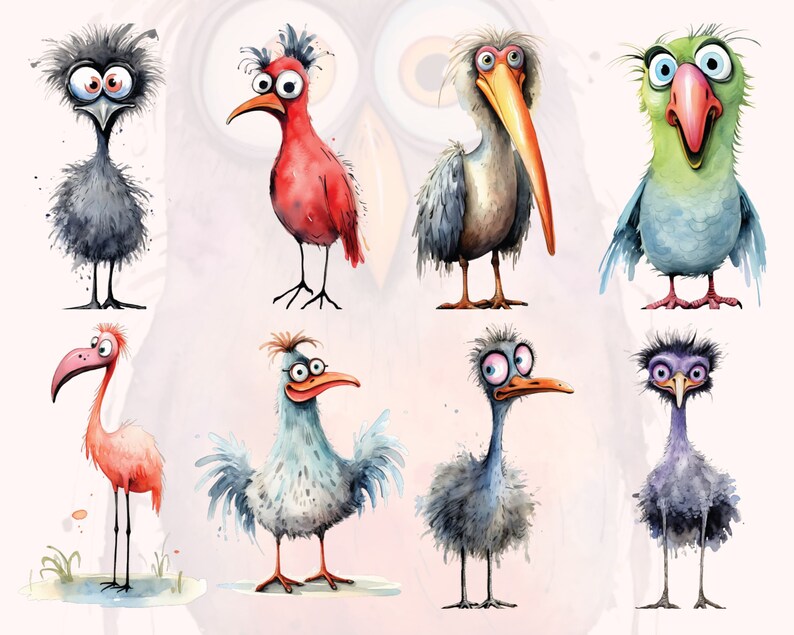 May include: A digital illustration of eight cartoon birds with exaggerated features. The birds are drawn in a watercolor style with a variety of colors, including red, blue, green, and purple. The birds have large eyes, long beaks, and fluffy feathers.