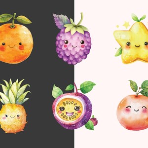 May include: Six watercolor illustrations of fruits and a star fruit with happy faces. The fruits are an orange, a blackberry, a pineapple, a passion fruit, a star fruit, and a tangerine.