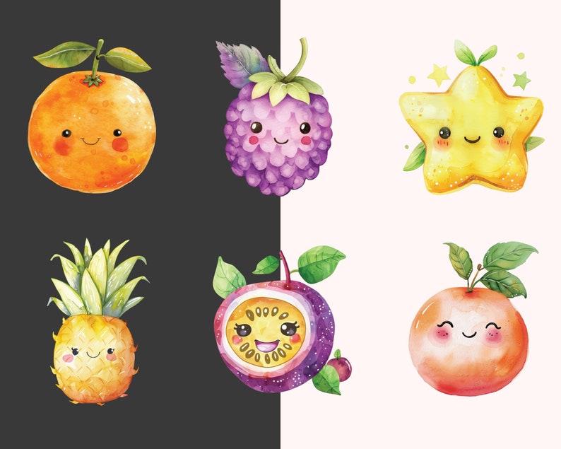 May include: Six watercolor illustrations of fruits and a star fruit with happy faces. The fruits are an orange, a blackberry, a pineapple, a passion fruit, a star fruit, and a tangerine.