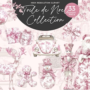 Kerst toile-clipart | Toile de Jouy-clipart | Franse vintage kerstelementen | Roze chinoiserie kerst | Roze toiletpapier-clipart
