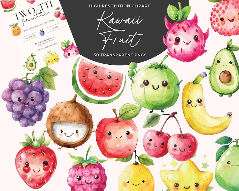 May include: A set of 30 digital clipart images featuring cute cartoon fruits with smiling faces. The fruits include watermelon, grapes, coconut, apple, cherries, raspberries, starfruit, dragon fruit, avocado, banana, and a lemon. The images are in a watercolor style and are perfect for use in digital scrapbooking, card making, and other creative projects.