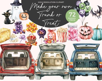 Trunk Or Treat Clipart | Trick Or Treat | Cute Halloween Clipart | Watercolor Halloween Clipart | Halloween Invitation | Halloween Party