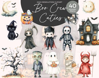 May include: A set of 40 Halloween-themed digital clipart images featuring cute characters dressed in costumes. The characters include a ghost, a skeleton, a vampire, a witch, a zombie, a mummy, and a devil. The images are perfect for creating Halloween cards, invitations, party decorations, and more.