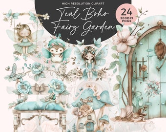 Teal Boho Fairy Garden Clipart | Pink Fairy PNG (Digital Download)
