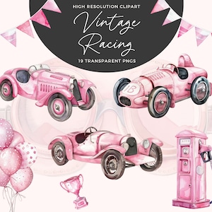 Acquerello Vintage Race Car Nursery Clipart Set / Race Car Clipart / Acquerello Auto Rosa / Nursery Decor / Baby Shower / Arte stampabile