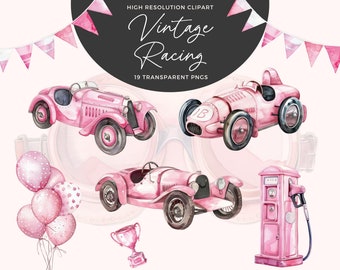 Watercolor Vintage Race Car Nursery Clipart Set | Race Car Clipart | Watercolor Cars Pink | Nursery Decor | Baby Shower | Printable Art